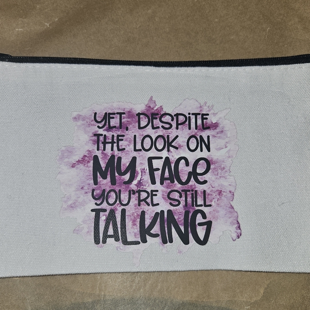 White Canvas Pouch with Purple Text